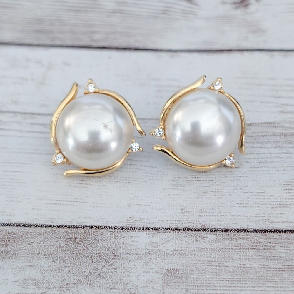 Vintage Stud Earrings Faux Pearl with Gold Tone & Clear Gem Halo